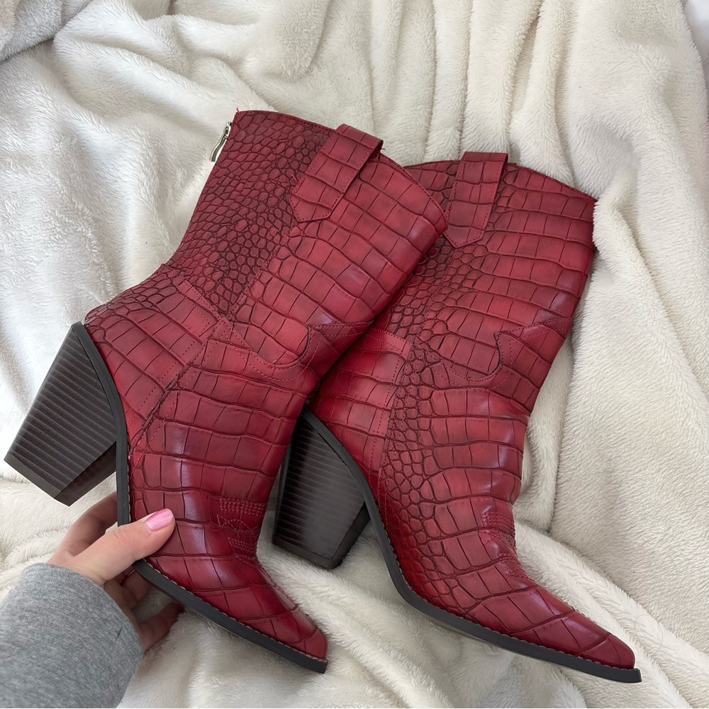 Red chunky y2k croc snakeskin heeled boots